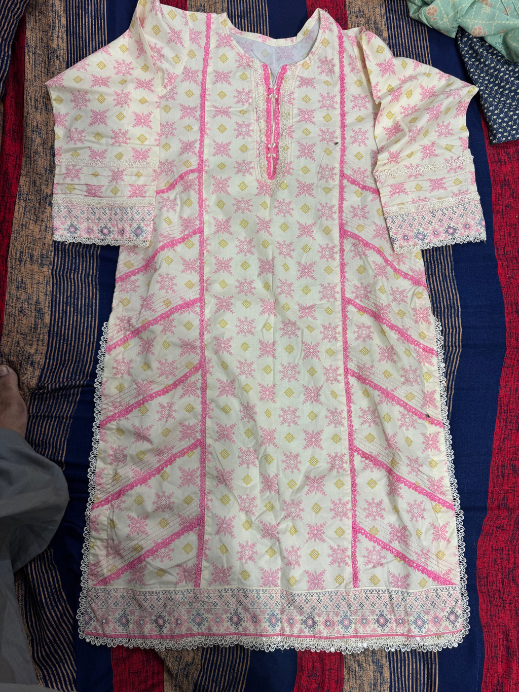 Pink Floral Printed Kurti with Lace Detail