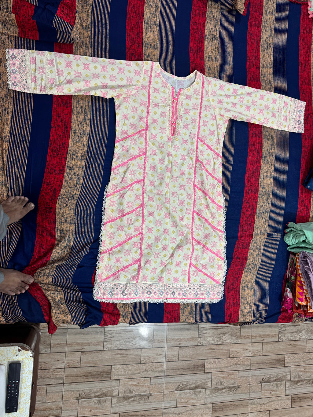 Pink Floral Printed Kurti with Lace Detail