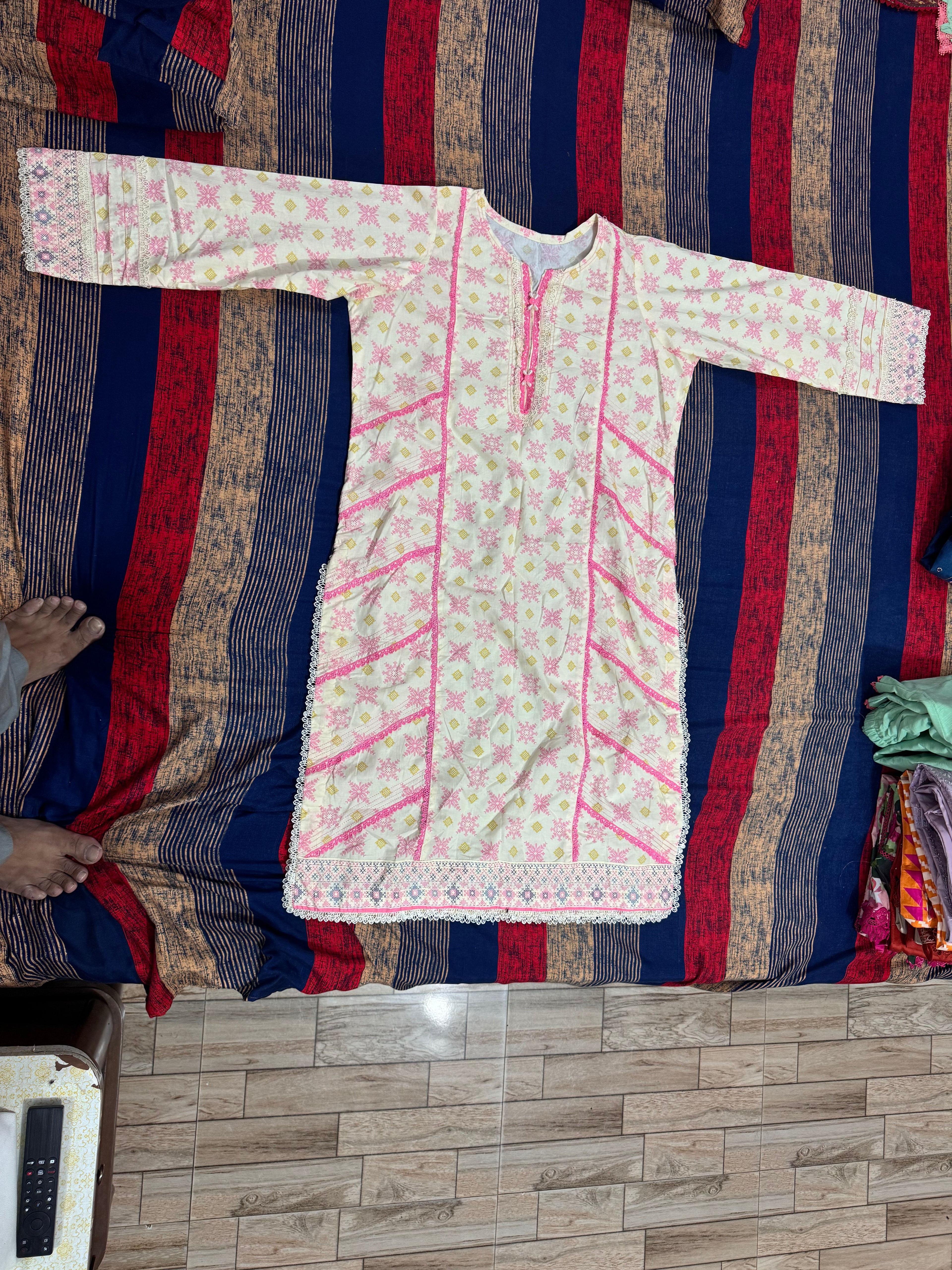 Pink Floral Printed Kurti with Lace Detail