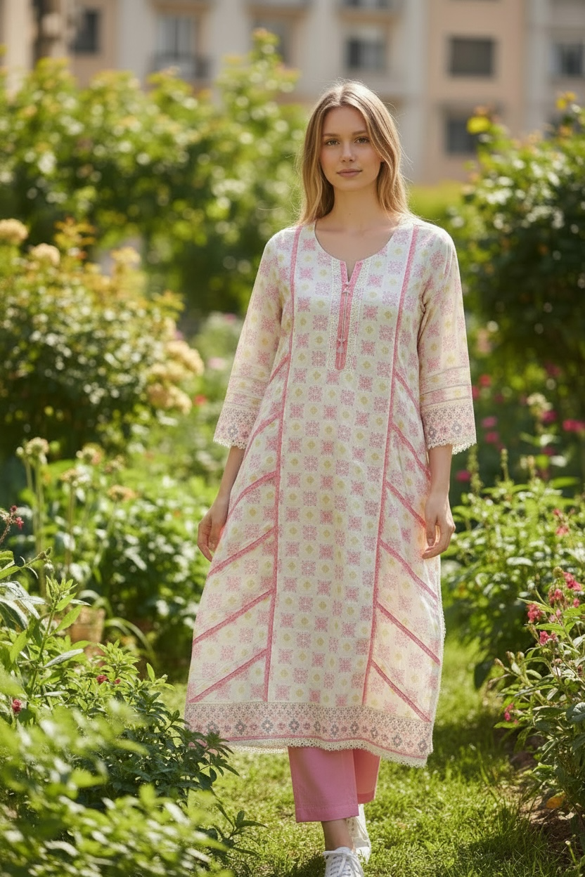Pink Floral Printed Kurti with Lace Detail