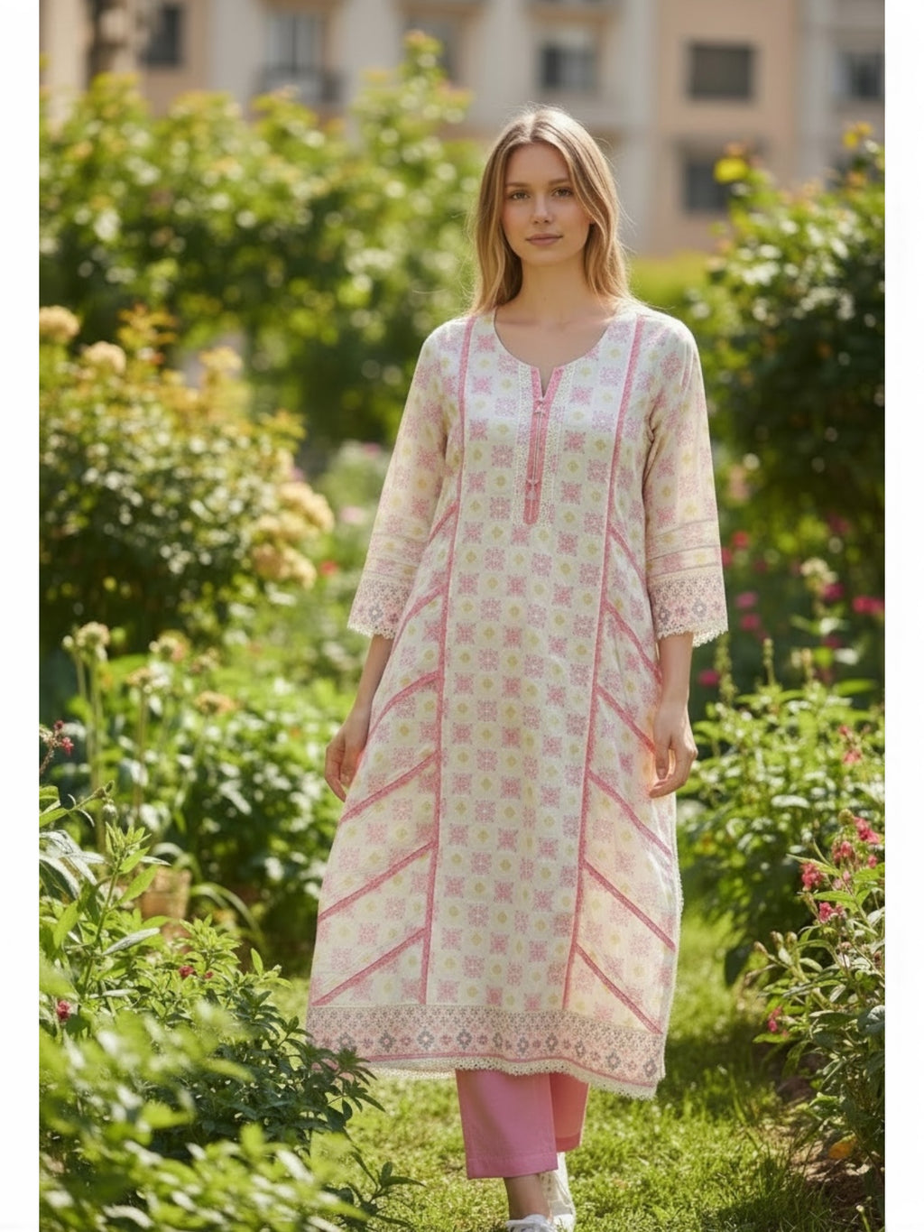 Pink Floral Printed Kurti with Lace Detail